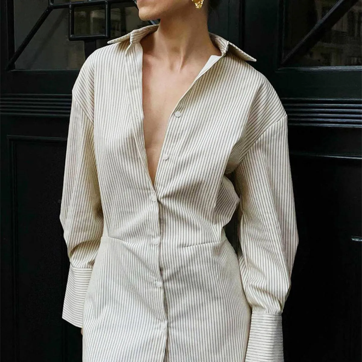 Mini abito casual patchwork a righe per donna Camicie slim a vita alta a maniche lunghe Abito dritto da donna alla moda Mi