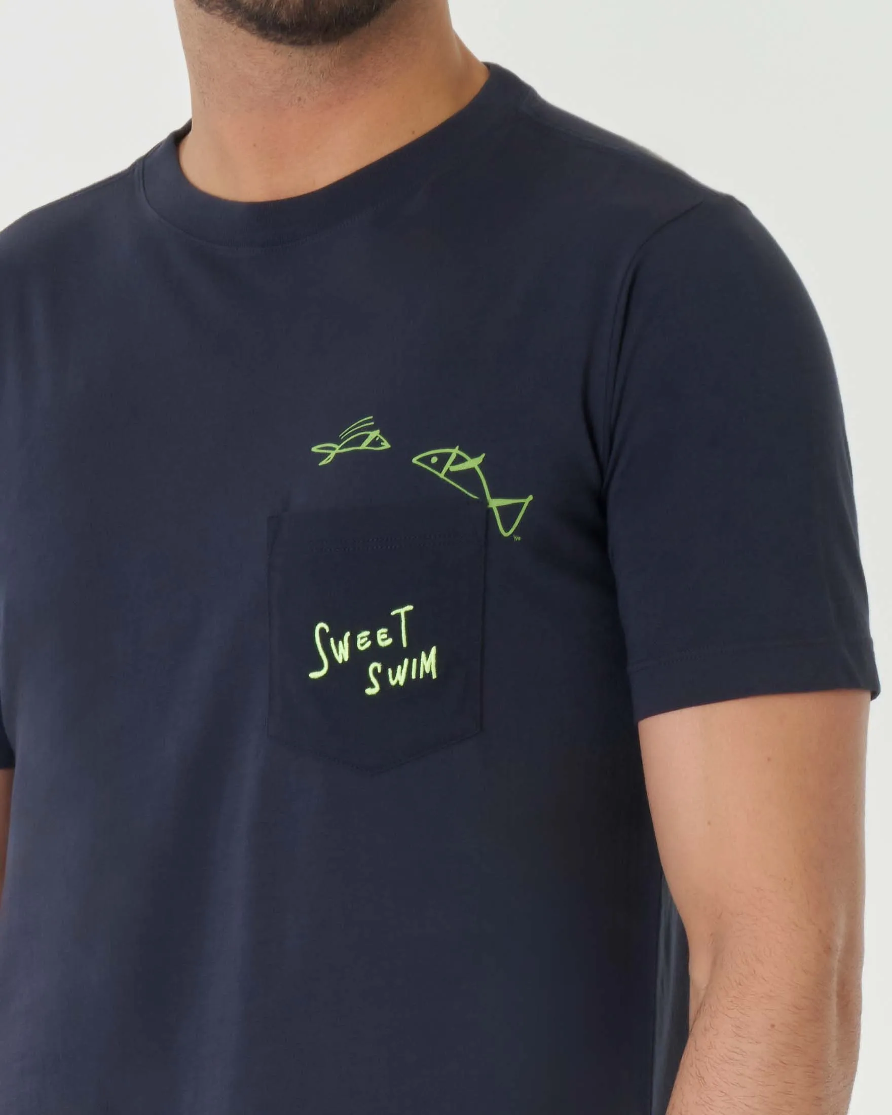 T-shirt blu mezza manica in pima cotton con taschino e ricamo sweet swin